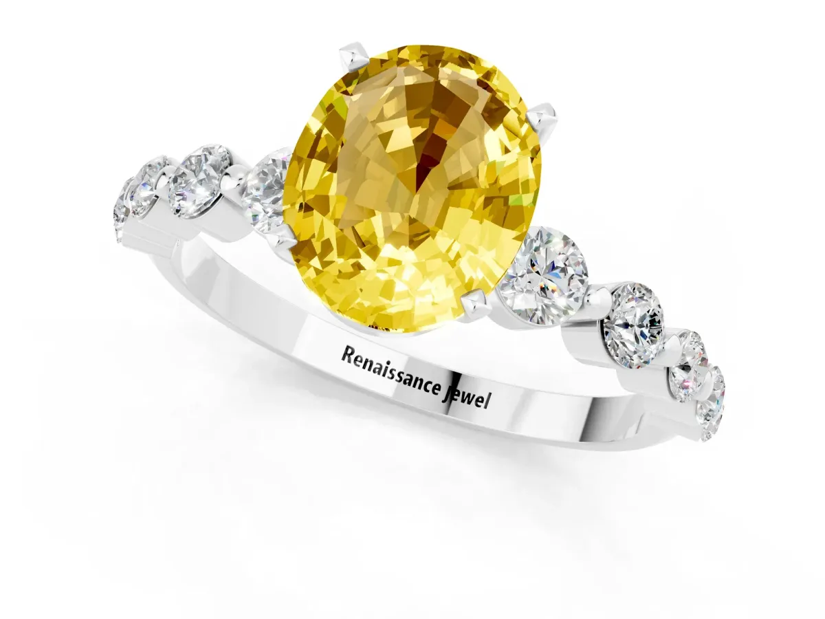 Oval Cut Solitaire Yellow Sapphire Ring with Pave Band and Four-Prong Setting Silver