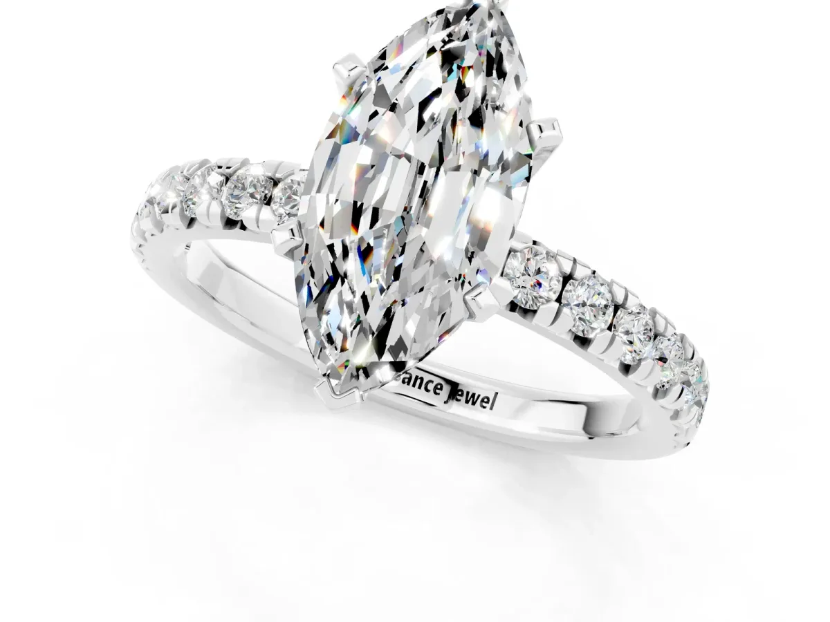 Marquise Cut Moissanite Solitaire Pavé Engagement Ring with Round Band and Prong Setting White gold