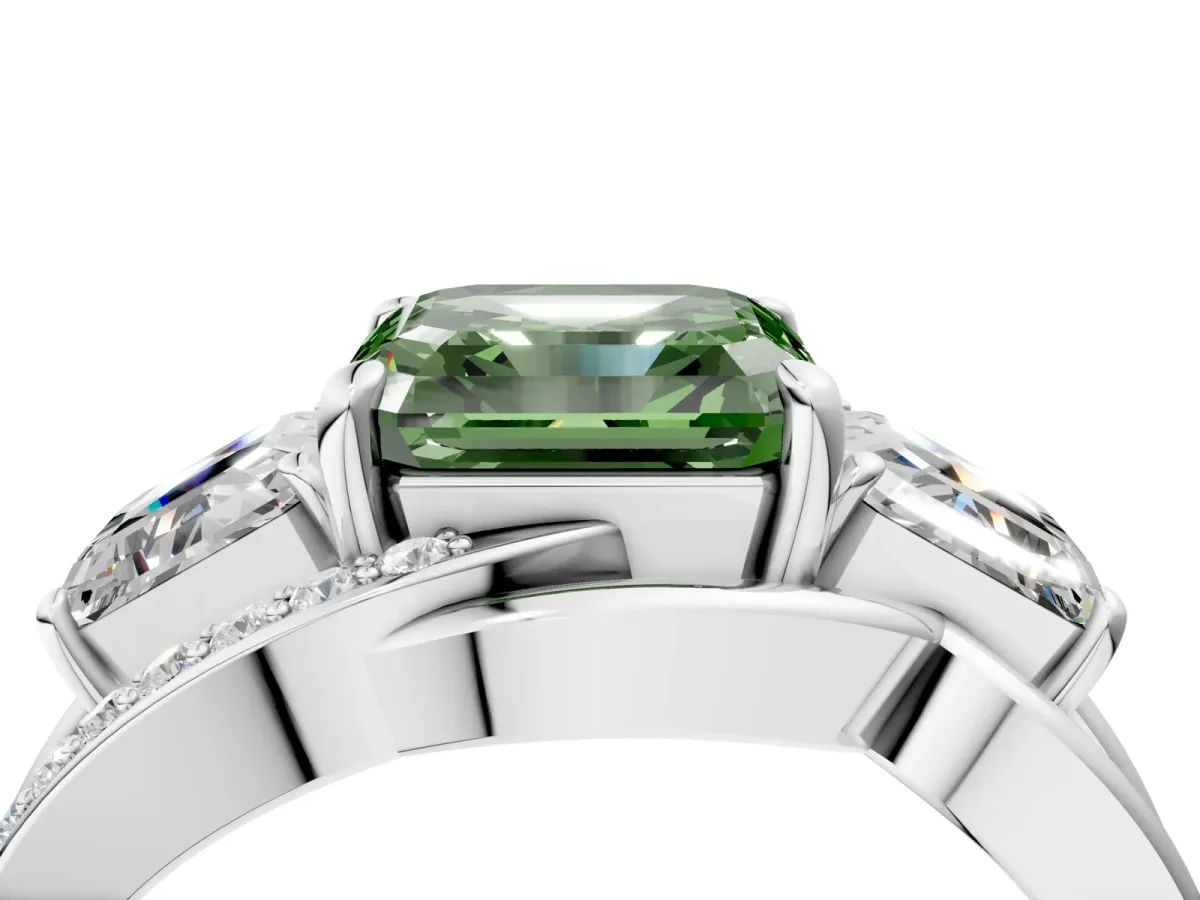 Fancy Green Three-Stone Asscher Cut Cut Diamond Split Shank Prong Set Ring Platinum