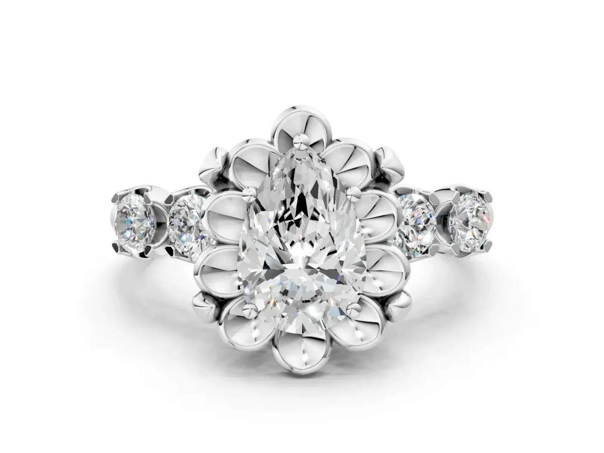 Pear Cut Cut Diamond Floral Halo Engagement Ring with Shared Prong Setting White gold