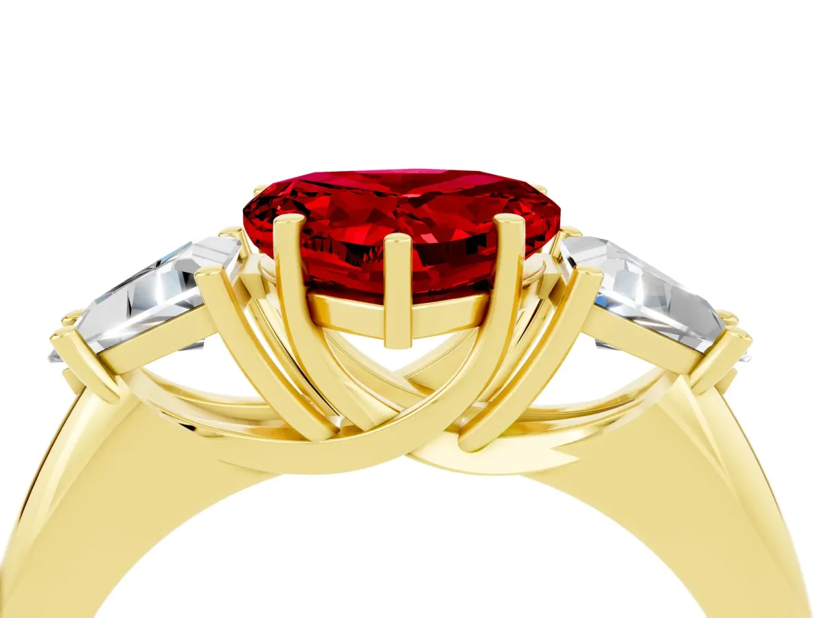 Three-Stone Heart Cut Ruby Engagement Ring with Trillion Side Stones and Prong Setting Yellow gold