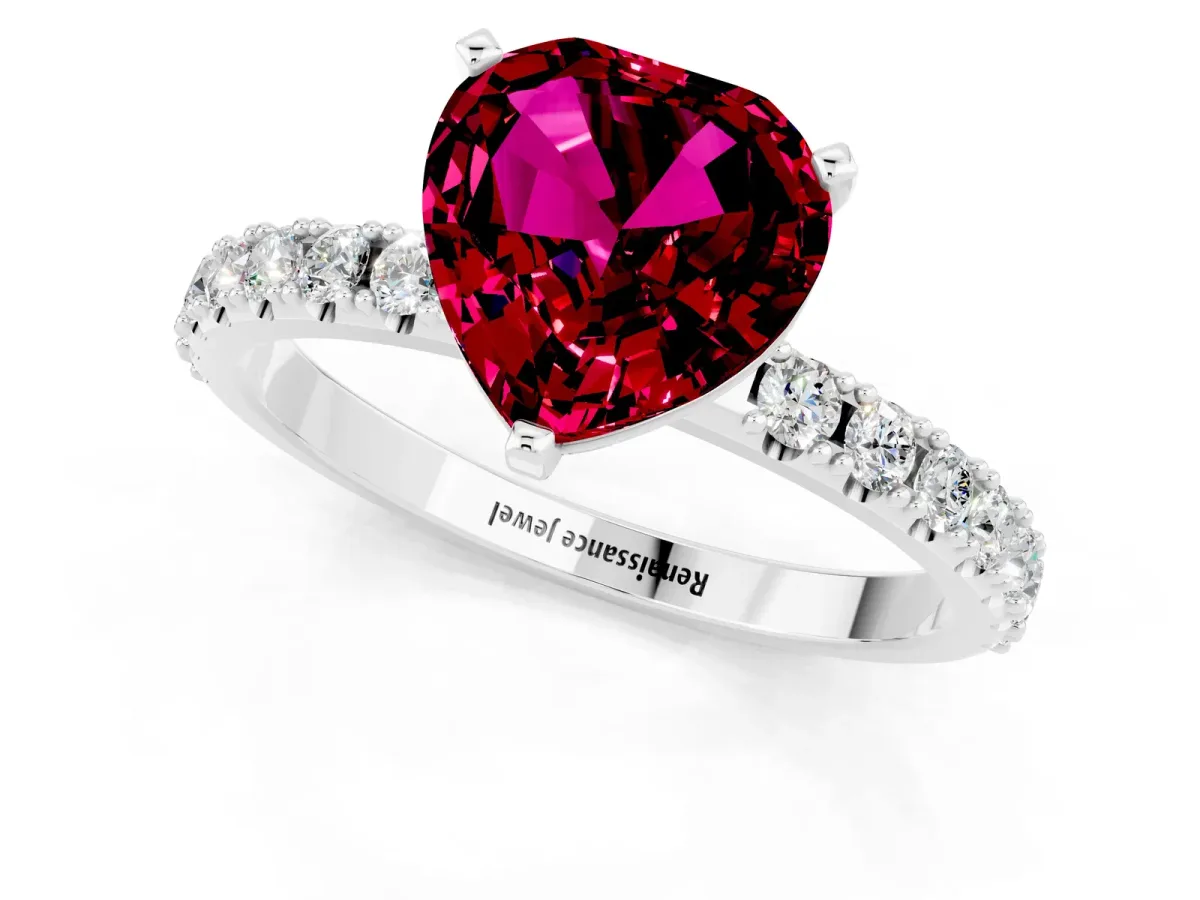 Heart Cut Garnet Solitaire Pavé Band with Four-Prong Setting Platinum