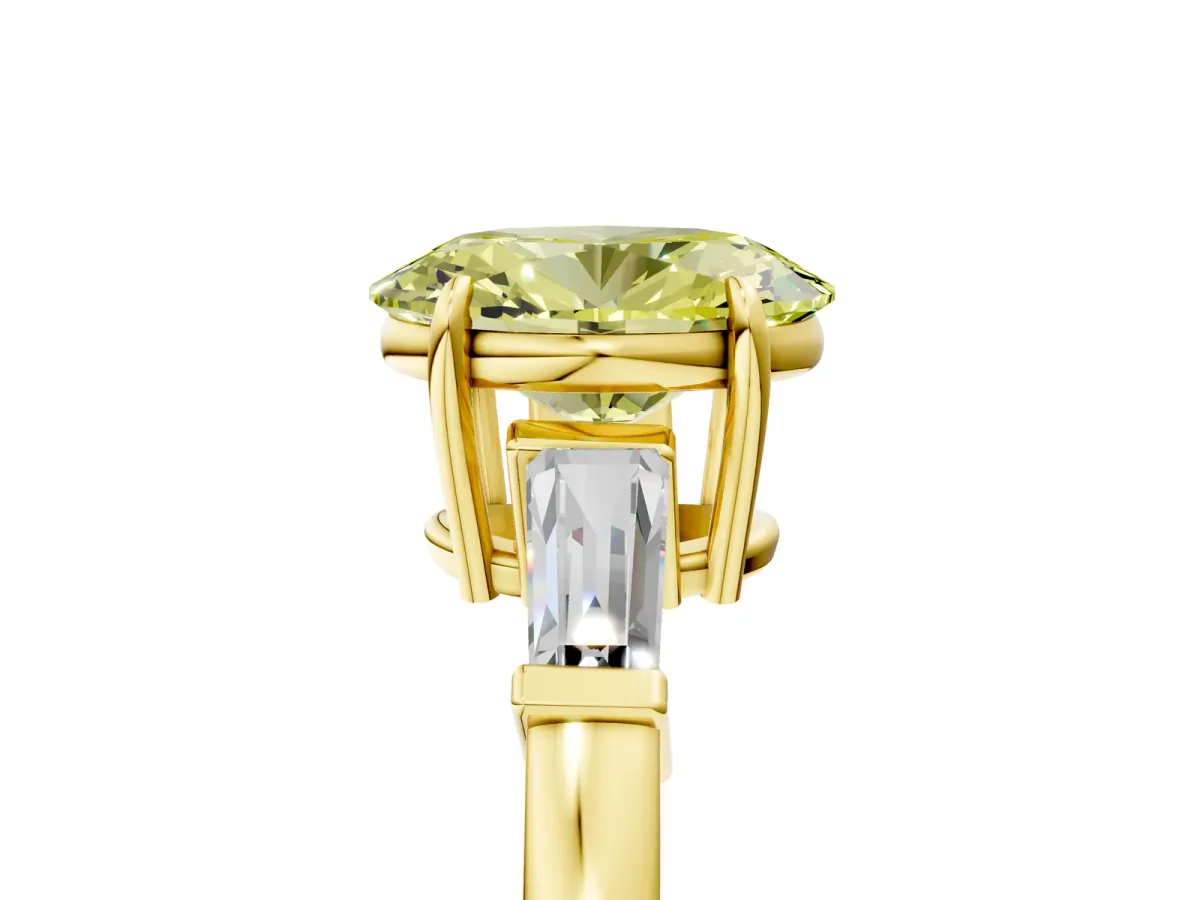 Fancy Yellow Oval Cut Diamond Three-Stone Ring with Tapered Baguette Side Stones and Prong Setting Yellow gold