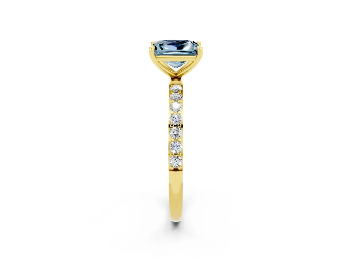 Princess Cut Aquamarine Solitaire Ring with Round Pavé Band and Prong Setting Yellow gold
