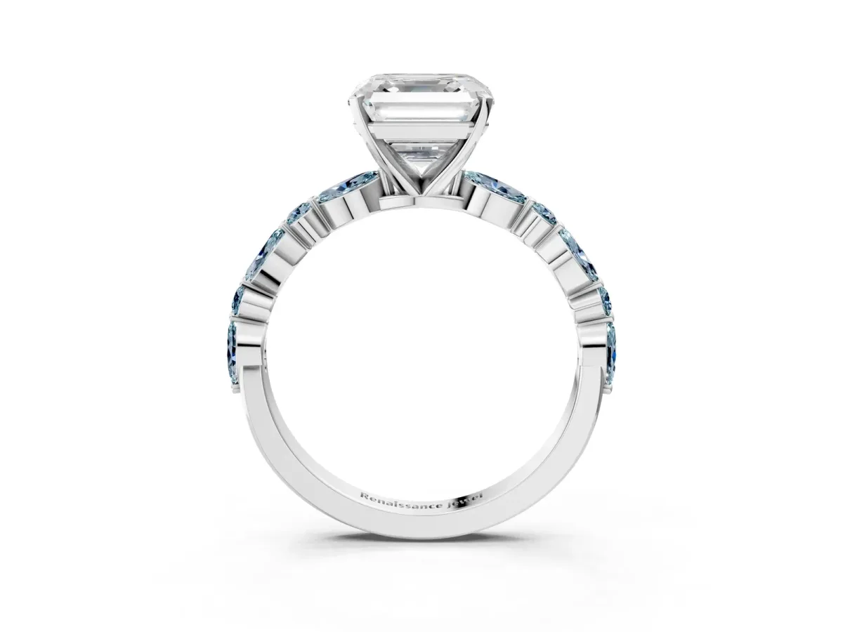 Asscher Cut Diamond Ring with Marquise and Round Aquamarine Side Stones and Four-Prong Setting Platinum