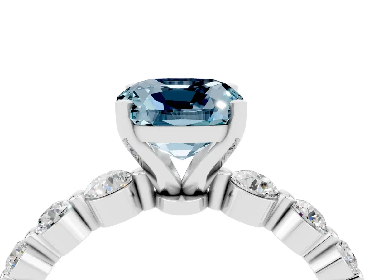 Cushion Cut Solitaire Aquamarine Ring with Pave Band and Four-Prong Setting Silver