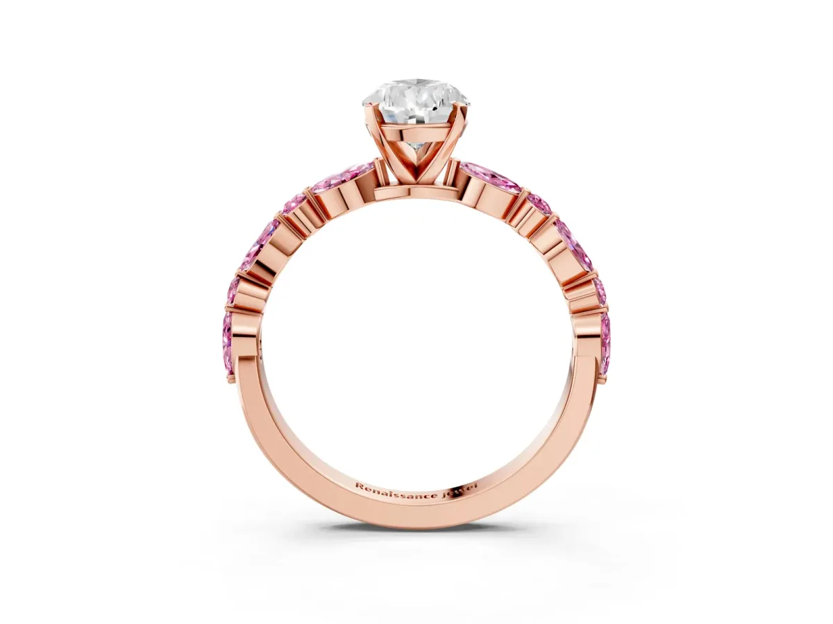 Pear Cut Diamond Ring with Marquise and Round Pink Sapphire Side Stones and Four-Prong Setting Rose gold