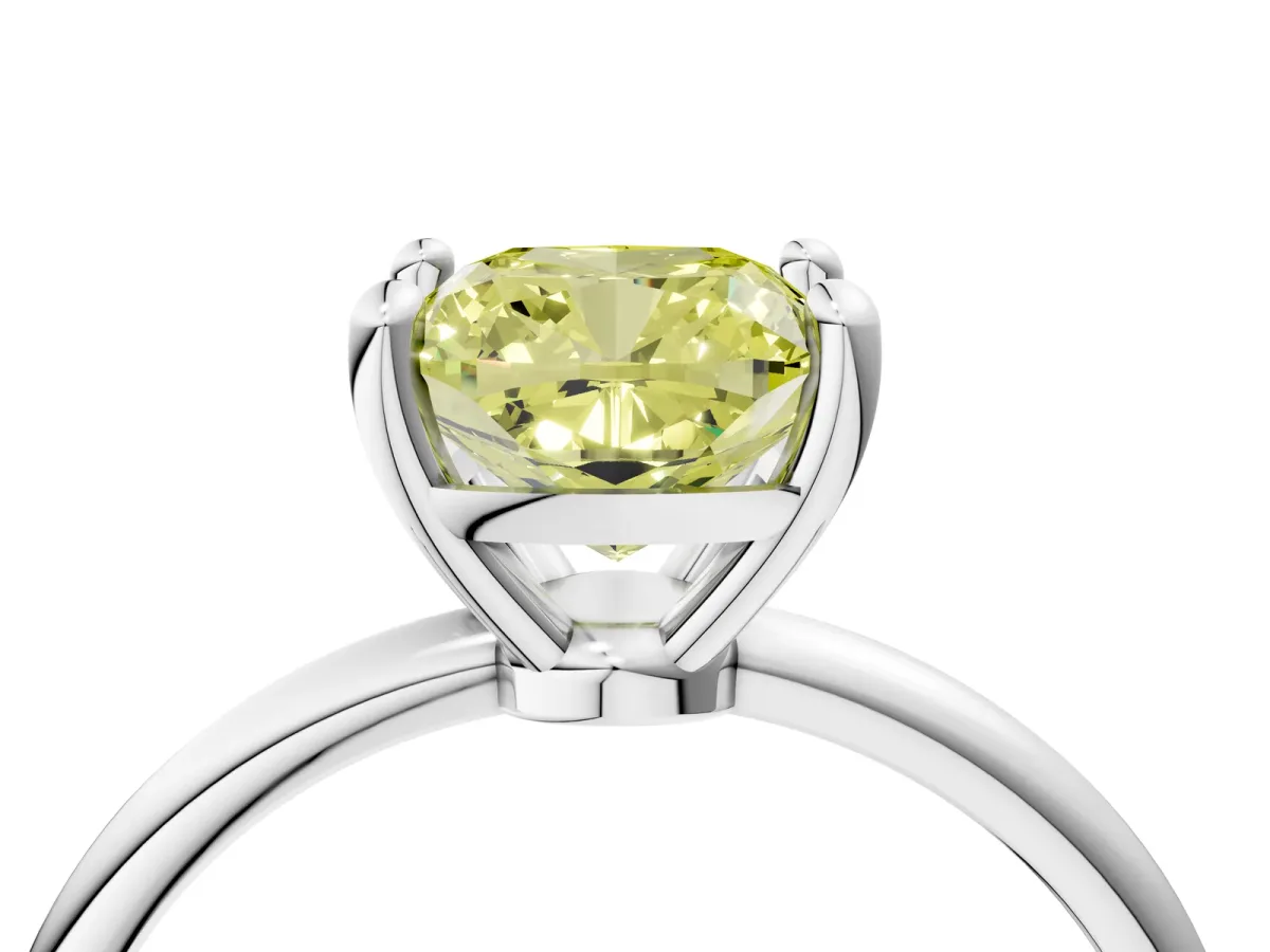 Fancy Yellow Cushion Cut Solitaire Diamond Ring with 4-Prong Setting on a Classic Band Silver