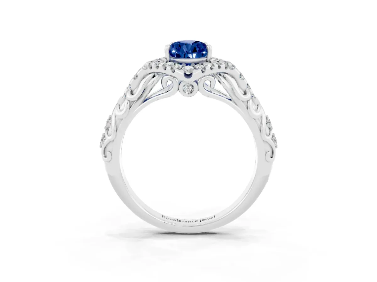 Pear Cut Blue Sapphire Solitaire Ring with Hidden Halo and Pavé Band White gold