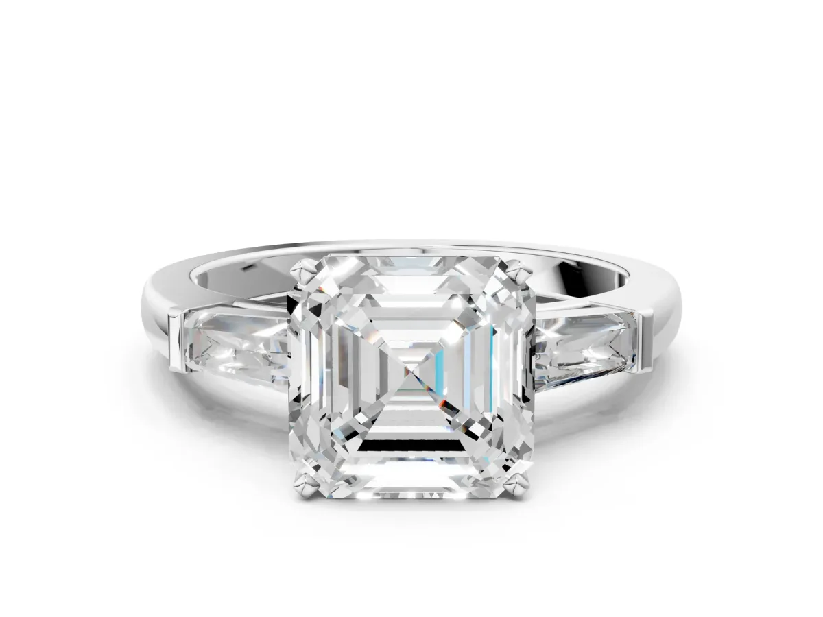 Asscher Cut Solitaire with Tapered Baguette Side Stones on a Classic Band with Four-Prong Setting Platinum