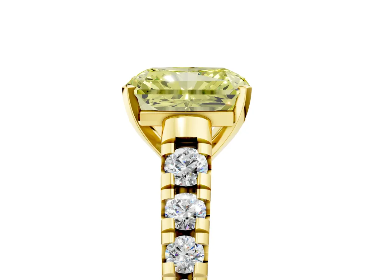 Fancy Yellow Radiant Cut Diamond Cathedral Solitaire Ring with Round Pavé Band Yellow gold