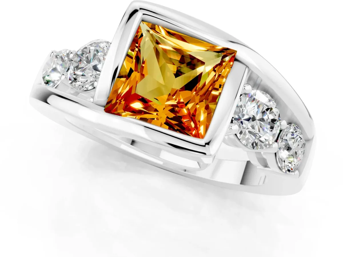 Bezel Set Princess Cut Citrine Bypass Ring with Round Accents Platinum