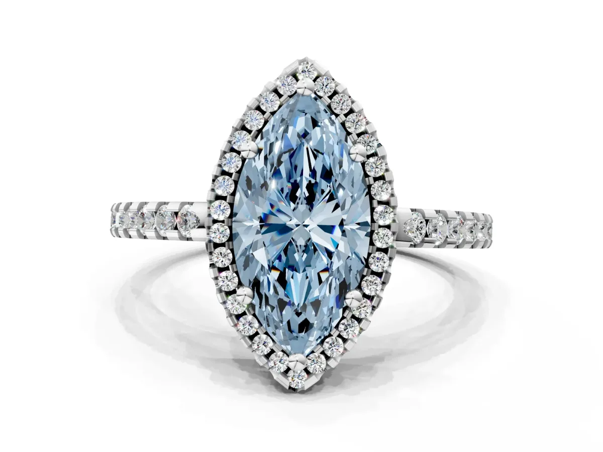 Fancy Blue Marquise Cut Diamond Halo Engagement Ring with Pavé Band and Prong Setting White gold