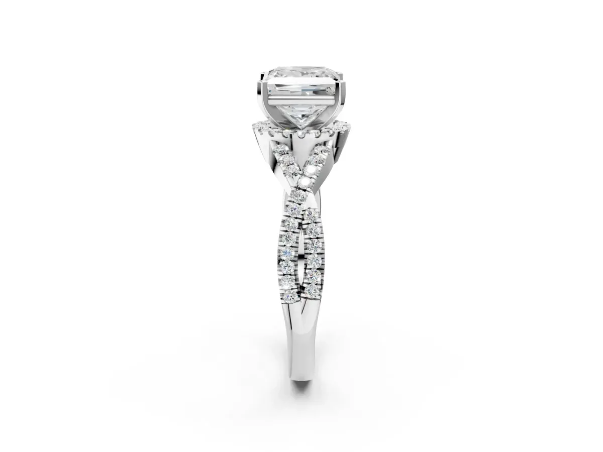 Princess Cut Diamond Moissanite Halo Twist Band Solitaire Prong Setting Ring White gold