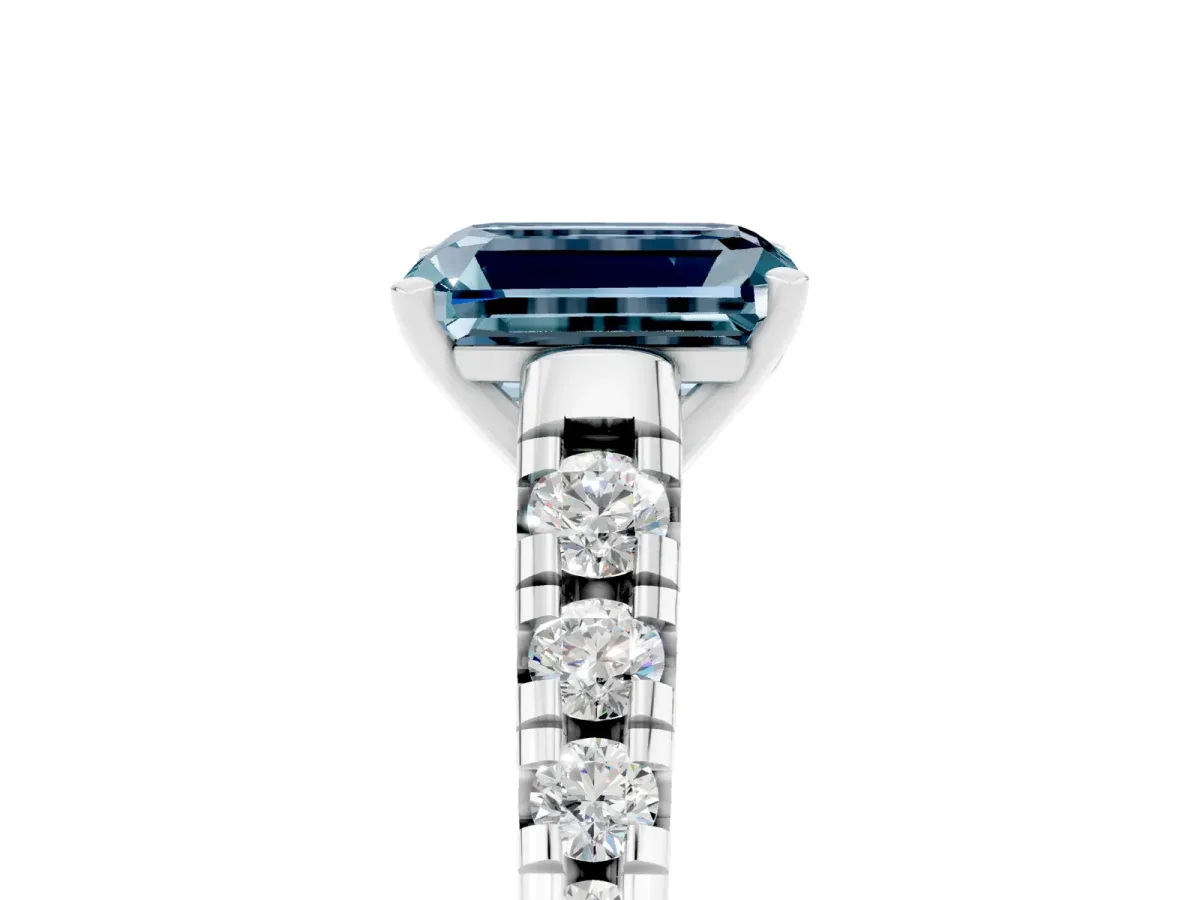 Emerald Cut Aquamarine Cathedral Solitaire Ring with Round Pavé Band Platinum