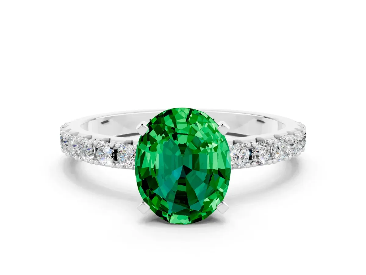 Oval Cut Emerald Solitaire Pavé Band with Four-Prong Setting Platinum