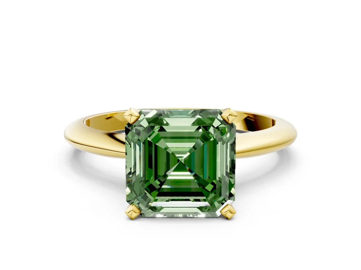 Fancy Green Asscher Cut Diamond Solitaire Engagement Ring with Classic Band and Four-Prong Setting Yellow gold