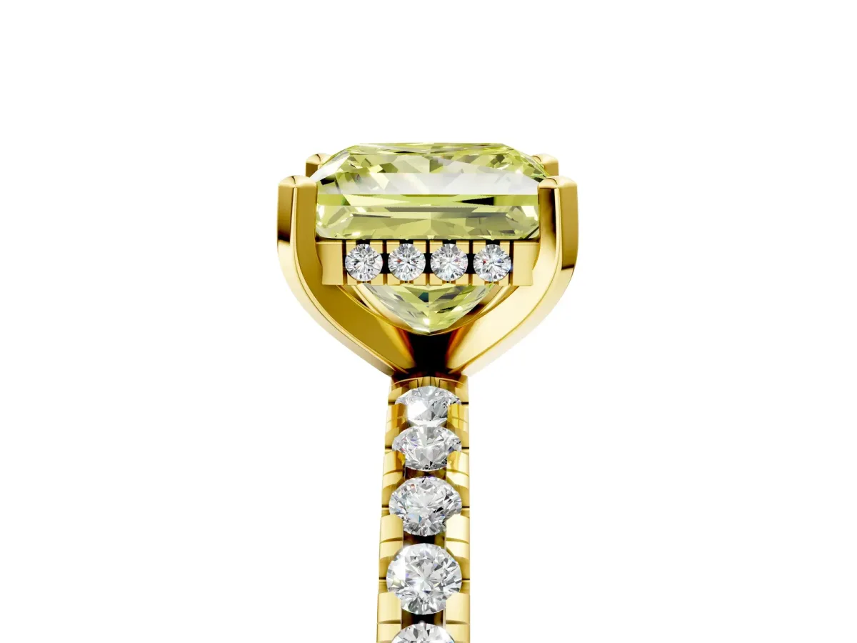 Fancy Yellow Princess Cut Diamond Solitaire Ring with Round Pavé Band and Four-Prong Setting Yellow gold