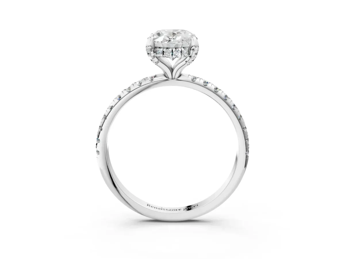 Oval Cut Diamond Hidden Halo Engagement Ring with Round Pavé Band and Prong Setting White gold