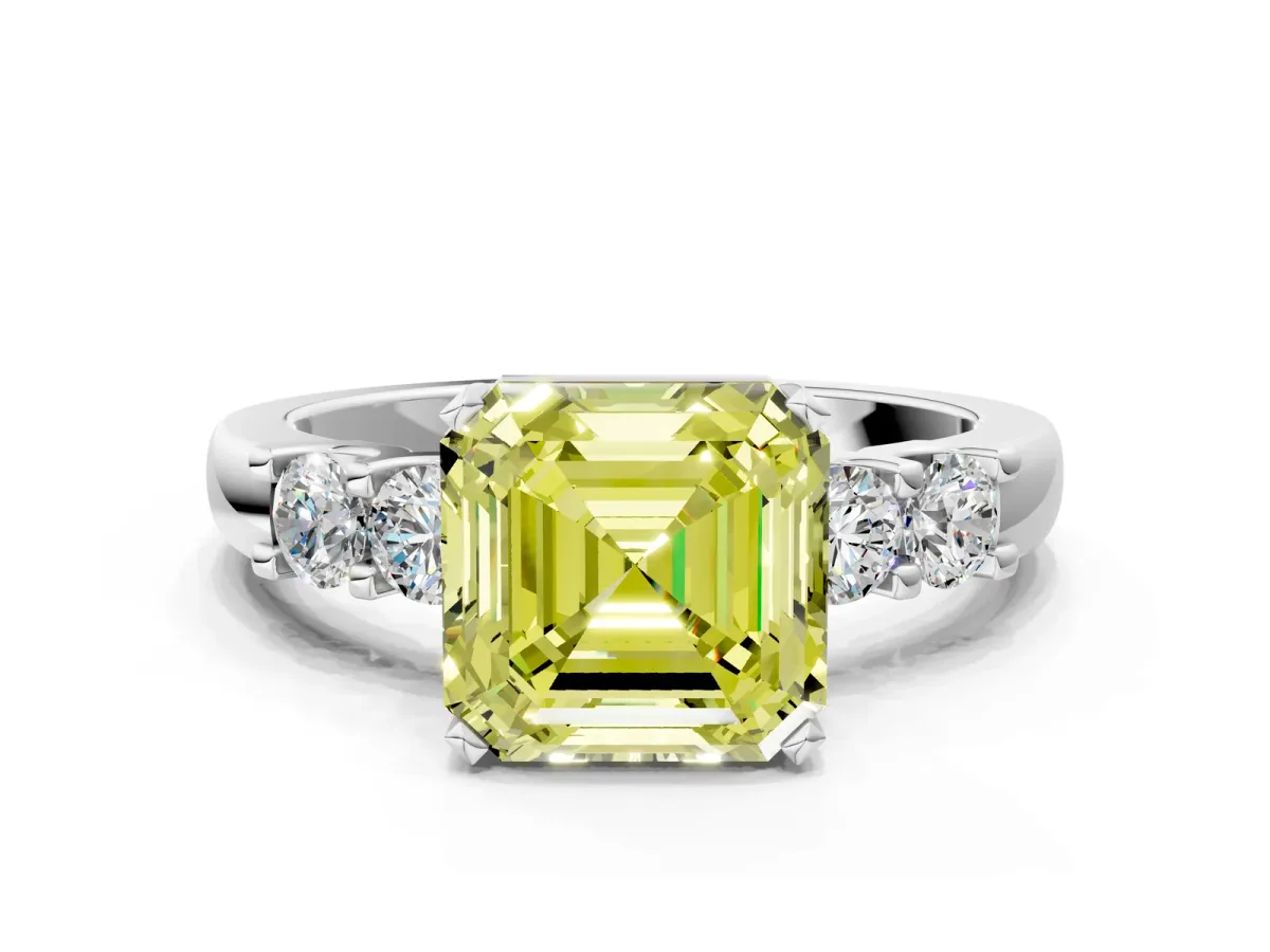 Fancy Yellow Asscher Cut Brilliant Cut Diamond Five-Stone Prong Set Engagement Ring with Channel Band Platinum