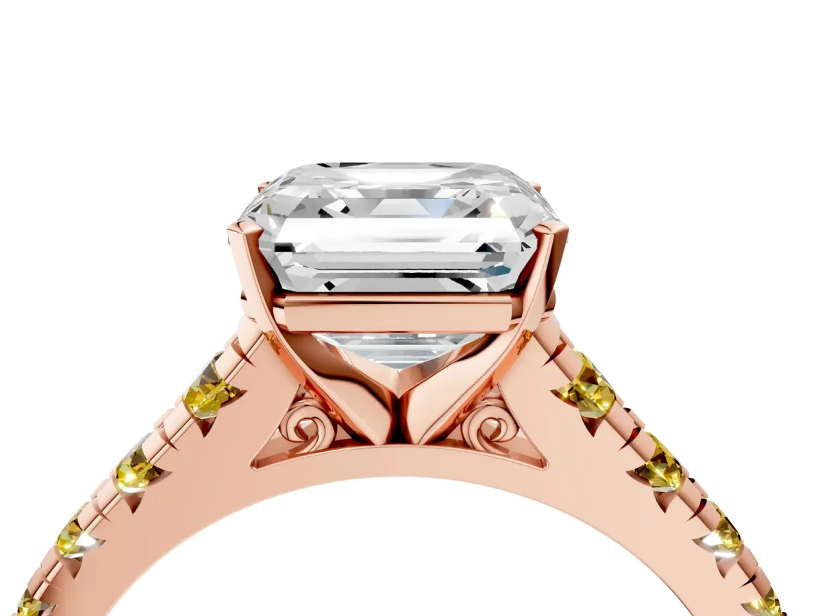 Asscher Cut Diamond Cathedral Solitaire Ring with Round Yellow Sapphire Pavé Band Rose gold