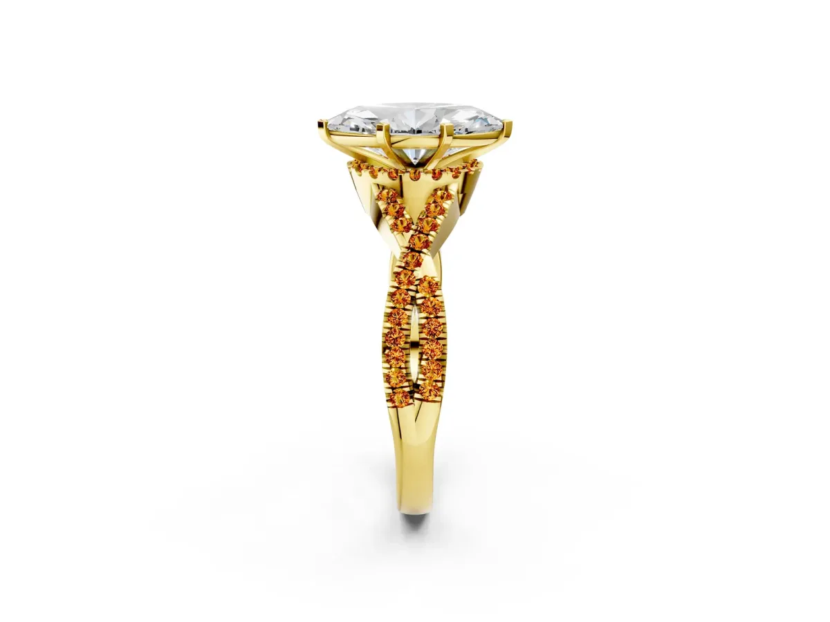 Marquise Cut Diamond Citrine Halo Twist Band Solitaire Prong Setting Ring Yellow gold