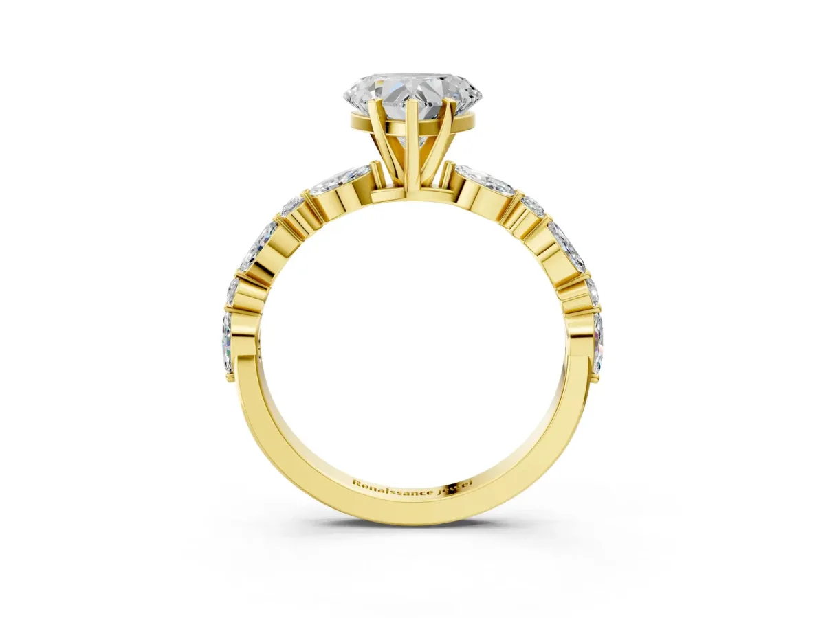 Heart Cut Diamond Ring with Marquise and Round Side Stones and Four-Prong Setting Yellow gold