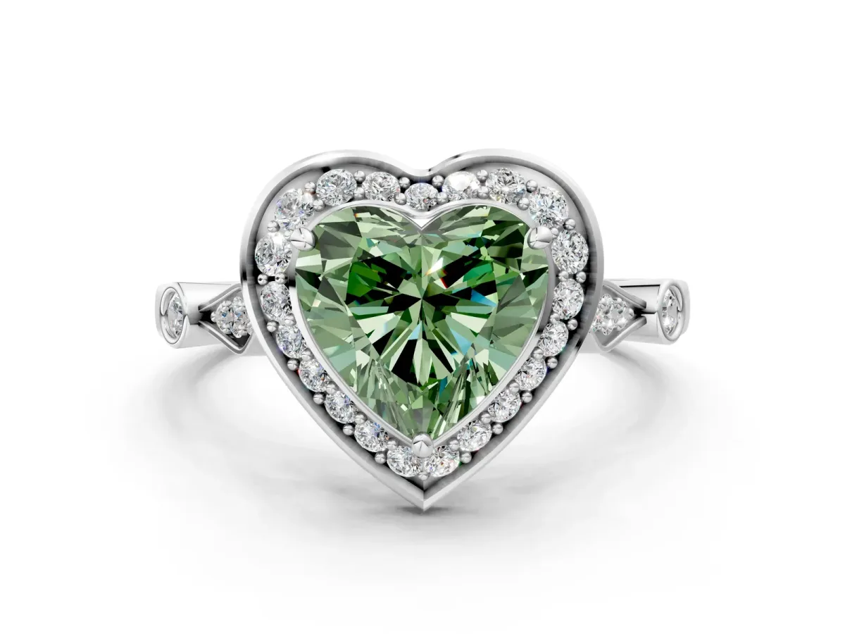 Fancy Green Heart Cut Halo Diamond Engagement Ring with Twisted Band and Four-Prong Setting Platinum