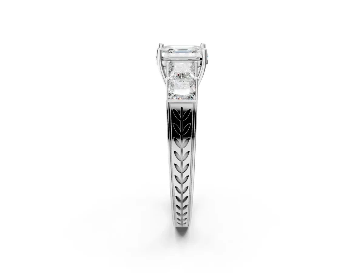Round Cut Solitaire Princess Side Stone Engraved Band Prong Setting Ring Platinum