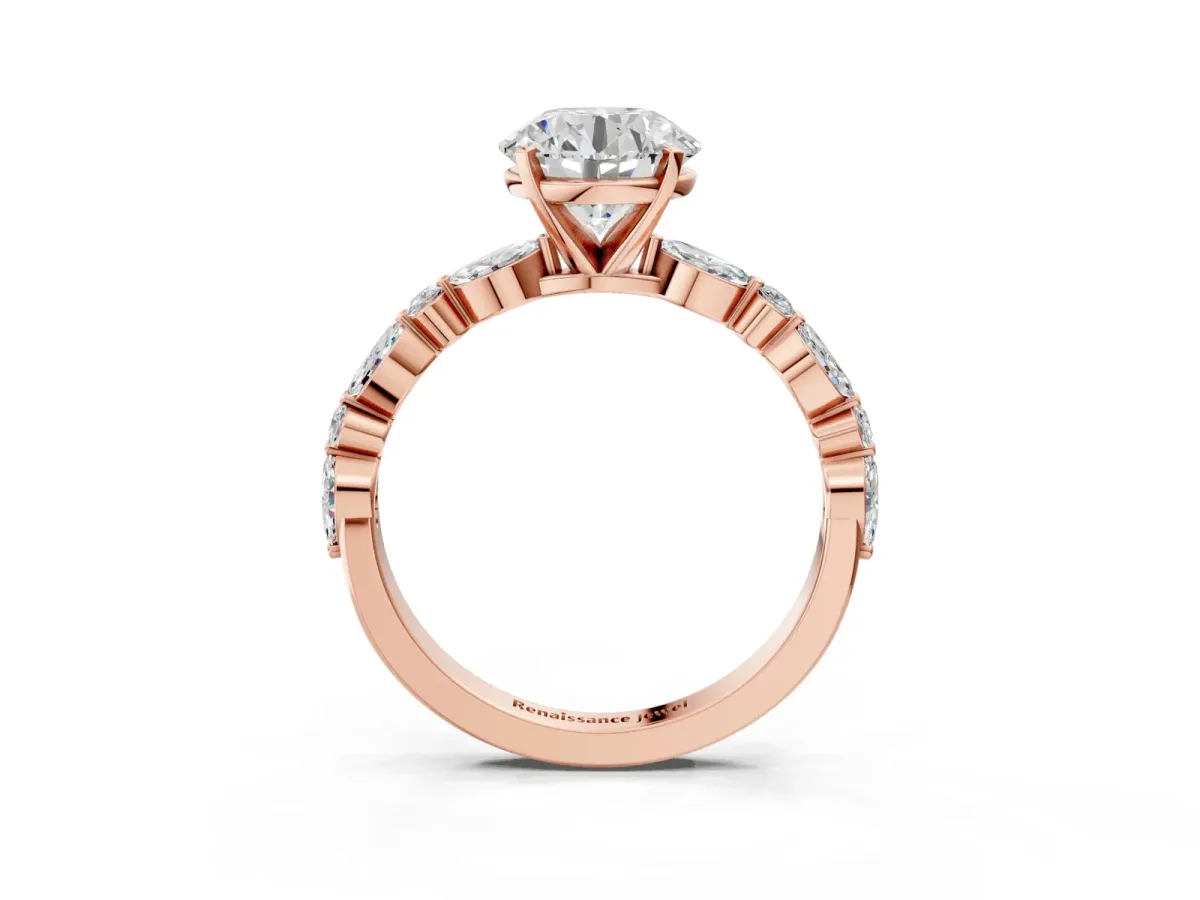 Round Cut Diamond Ring with Marquise and Round Moissanite Side Stones and Four-Prong Setting Rose gold
