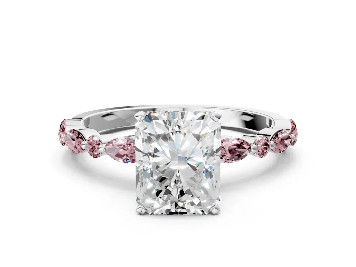 Radiant Cut Diamond Ring with Marquise and Round Morganite Side Stones and Four-Prong Setting White gold