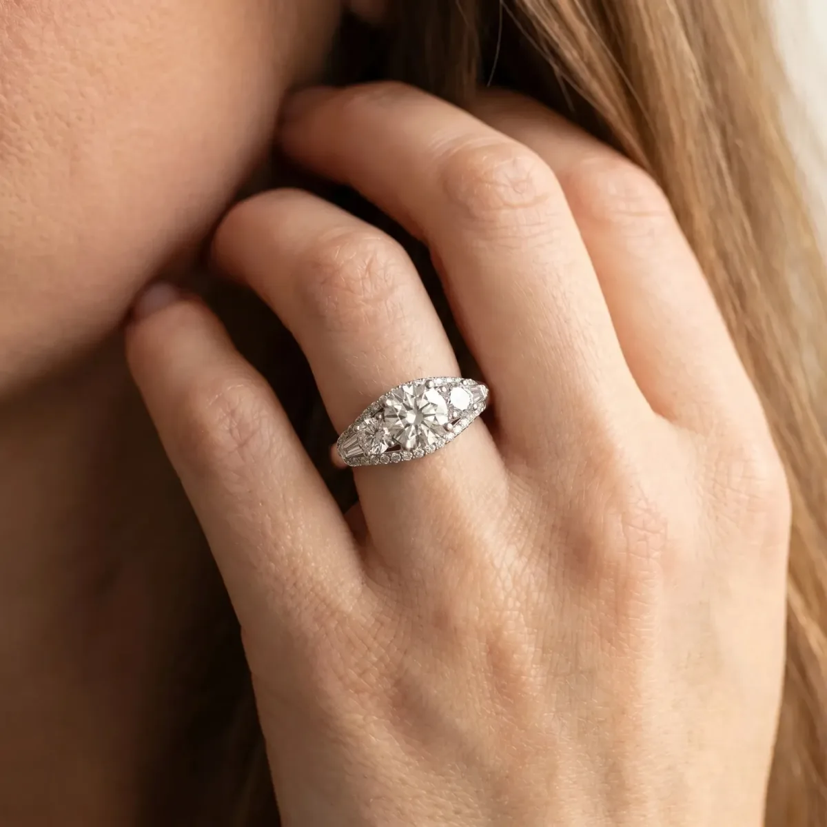 Three-Stone Radiant Cut Diamond Engagement Ring with Pave Band and Prong Setting Platinum