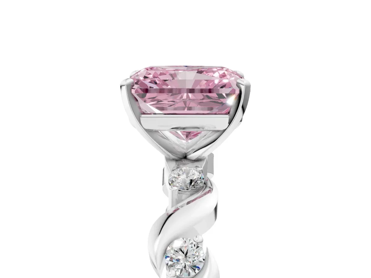 Fancy Pink Radiant Cut Diamond Solitaire Twisted Band with Round Accents and Prong Setting White gold