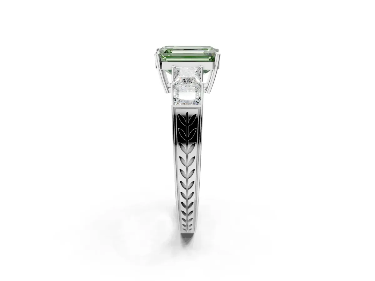 Fancy Green Emerald Cut Solitaire Princess Side Stone Engraved Band Prong Setting Ring Silver