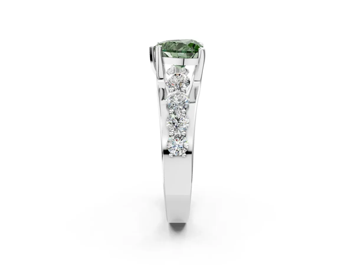 Fancy Green Heart Cut Brilliant Solitaire with Side Stones on a Pave Band and Four-Prong Setting Platinum