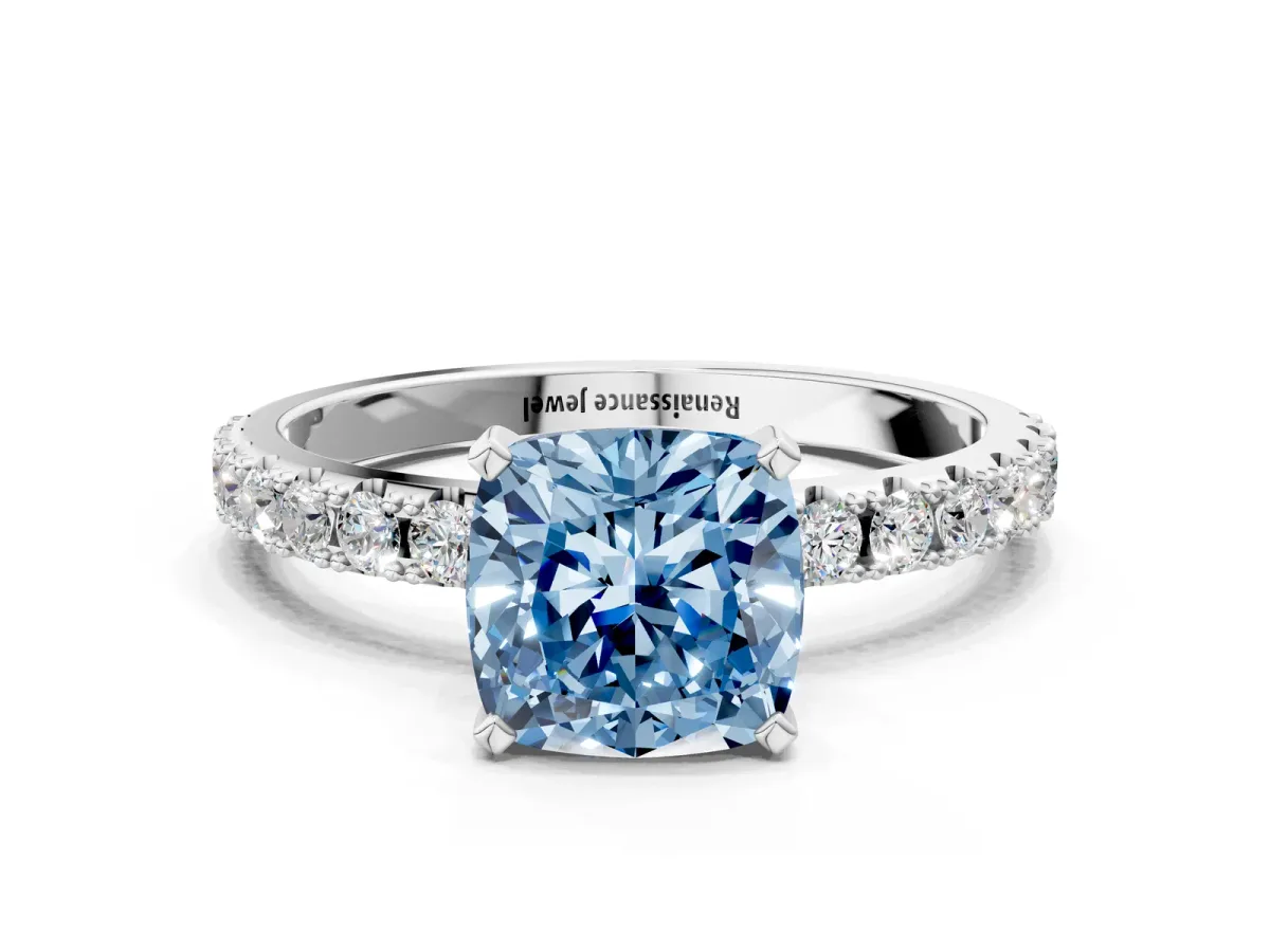 Fancy Blue Cushion Cut Diamond Solitaire Pavé Band with Four-Prong Setting Platinum