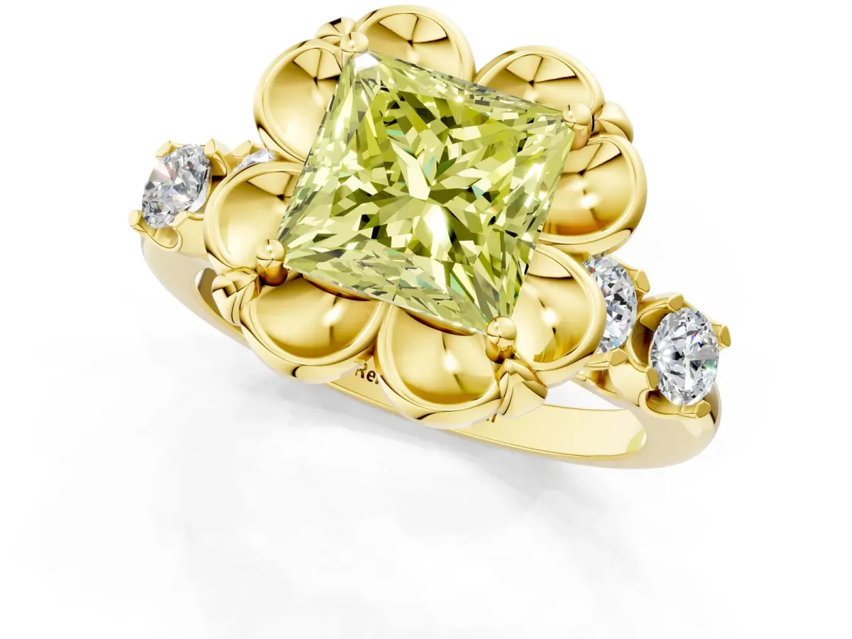 Fancy Yellow Princess Cut Cut Diamond Floral Halo Engagement Ring with Shared Prong Setting Yellow gold