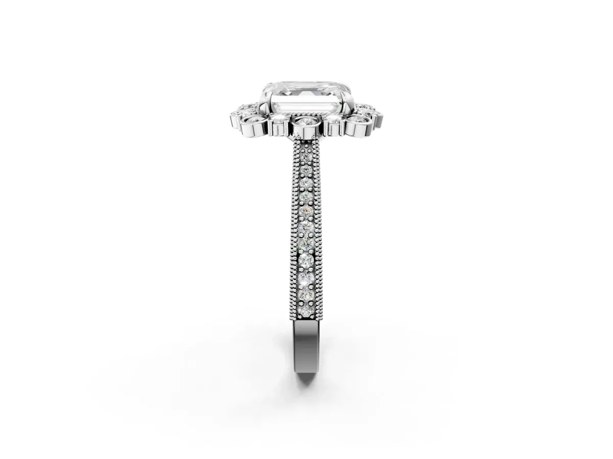 Asscher Cut Halo Milgrain Pave Diamond Ring with Four-Prong Setting Platinum