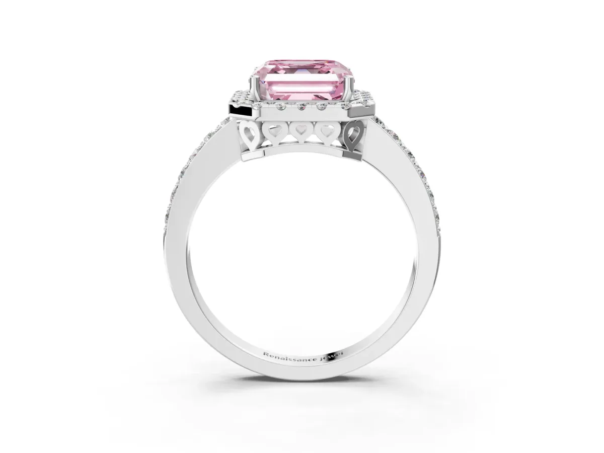 Fancy Pink Asscher Cut Halo Diamond Pavé Band Ring with Prong Setting Silver