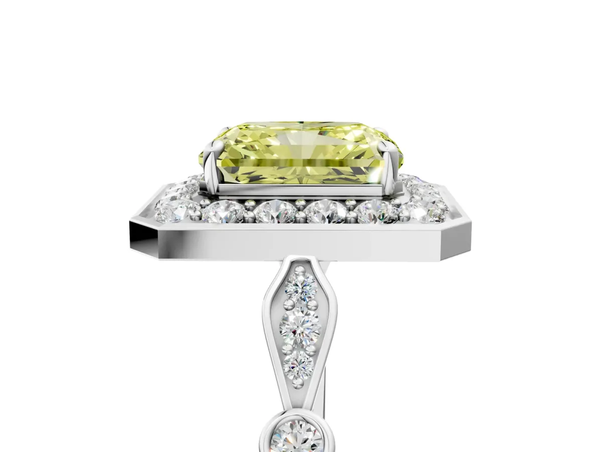 Fancy Yellow Radiant Cut Halo Diamond Engagement Ring with Twisted Band and Four-Prong Setting Platinum