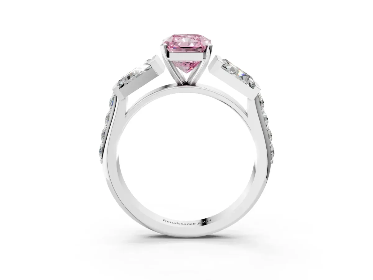 Fancy Pink Radiant Cut Diamond Engagement Ring with Baguette Side Stones and Channel Set Band Platinum