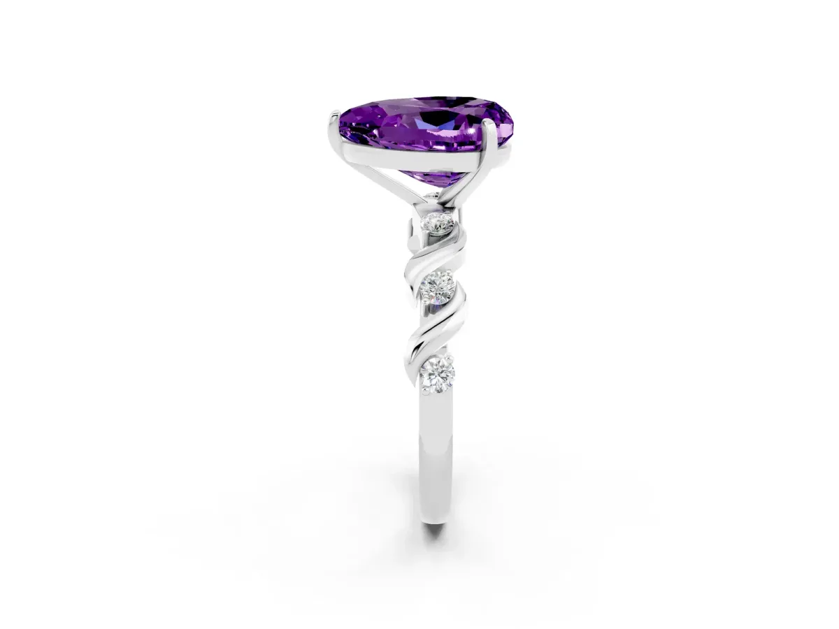 Heart Cut Amethyst Solitaire Twisted Band with Round Accents and Prong Setting White gold