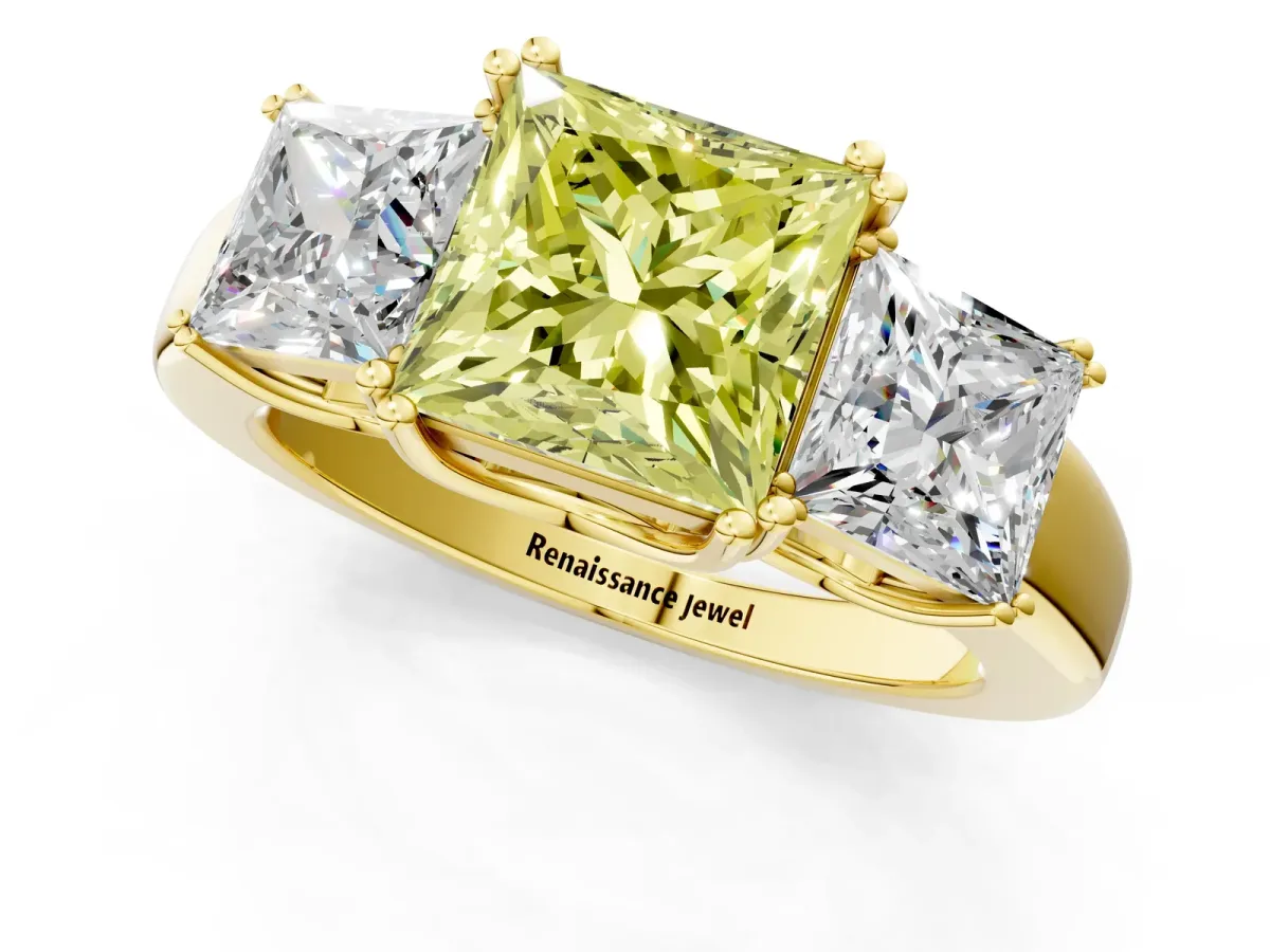 Fancy Yellow Three-Stone Princess Cut Cut Diamond Ring with Channel Set Band and Four-Prong Setting Yellow gold