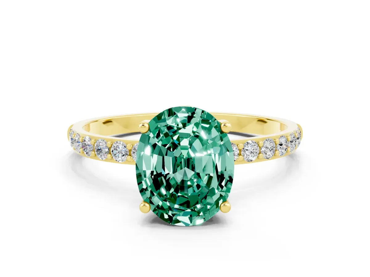 Oval Cut Green Sapphire Solitaire Ring with Round Pavé Band and Prong Setting Yellow gold