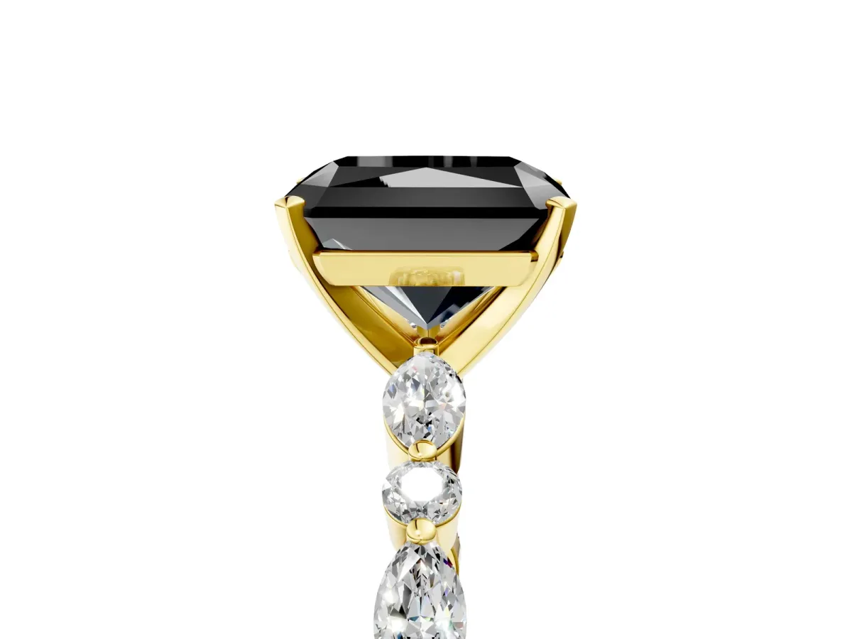 Fancy Black Radiant Cut Diamond Ring with Marquise and Round Side Stones and Four-Prong Setting Yellow gold
