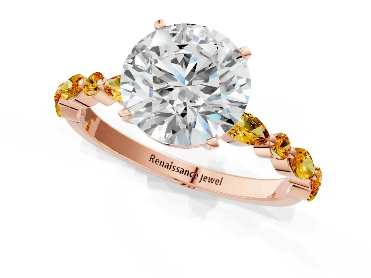 Round Cut Diamond Ring with Marquise and Round Citrine Side Stones and Four-Prong Setting Rose gold