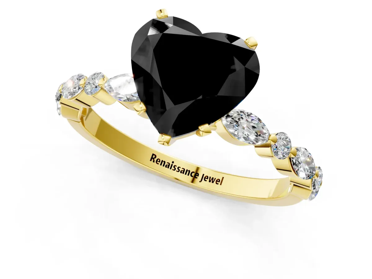 Fancy Black Heart Cut Diamond Ring with Marquise and Round Side Stones and Four-Prong Setting Yellow gold