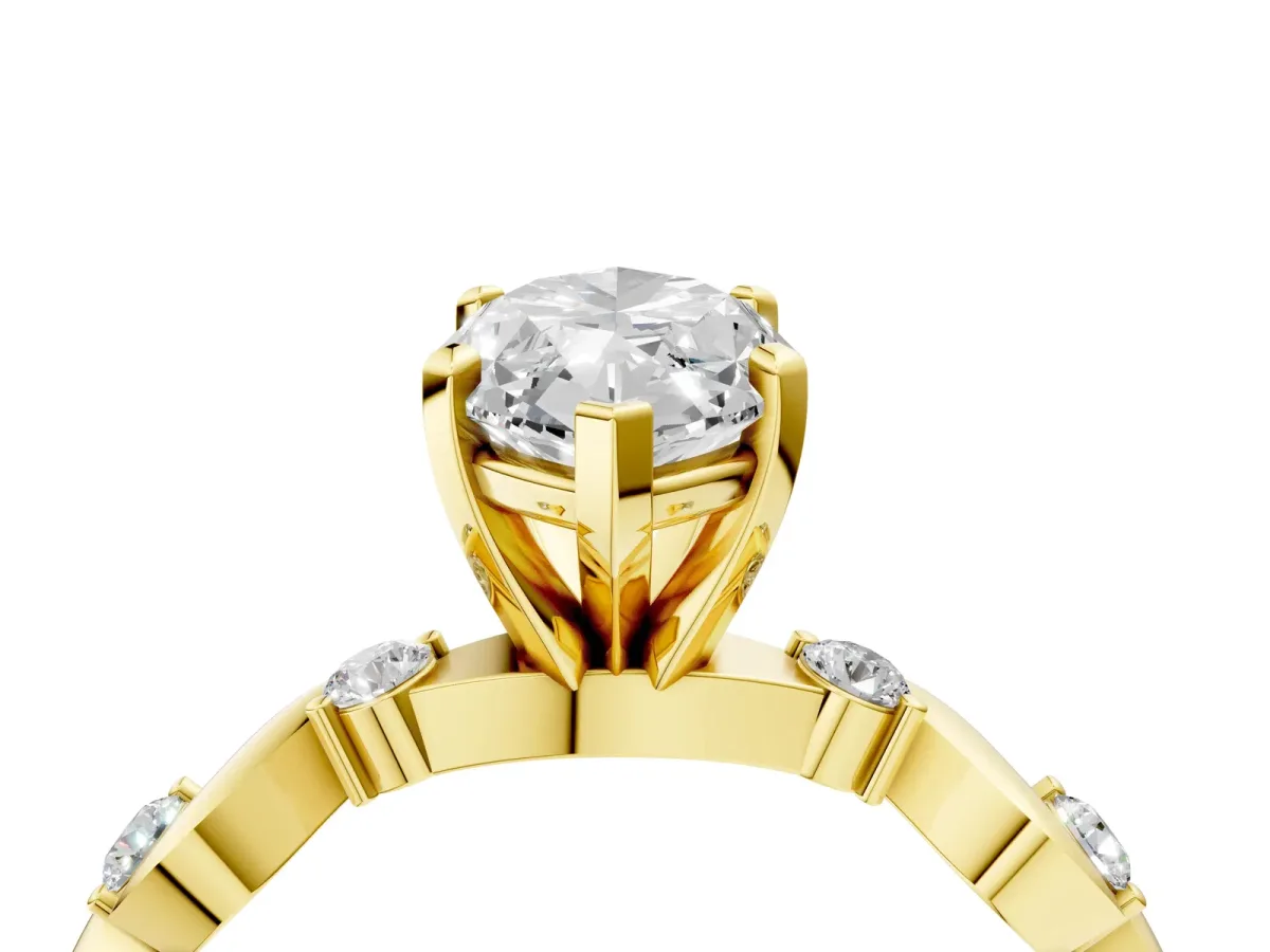Marquise Cut Diamond Solitaire Twisted Band with Round Accents and Prong Setting Yellow gold