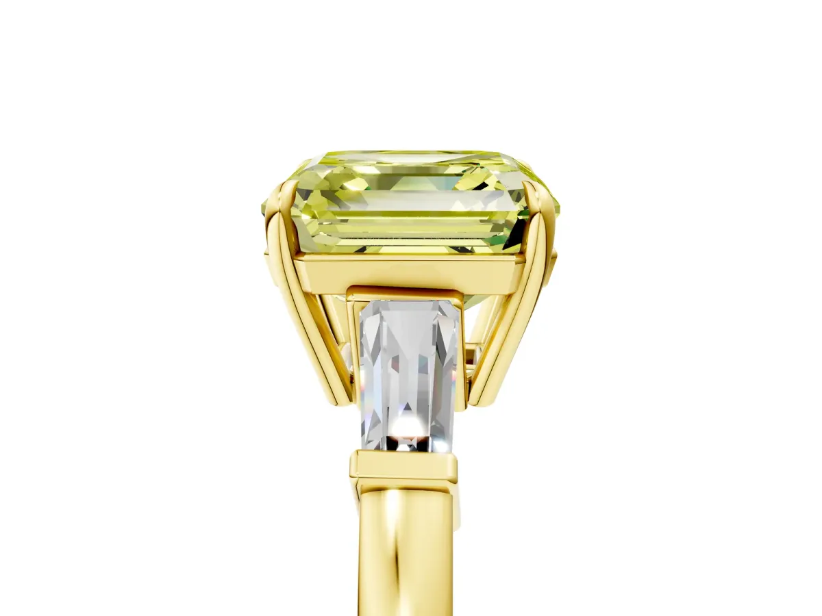 Fancy Yellow Asscher Cut Diamond Three-Stone Ring with Tapered Baguette Side Stones and Prong Setting Yellow gold