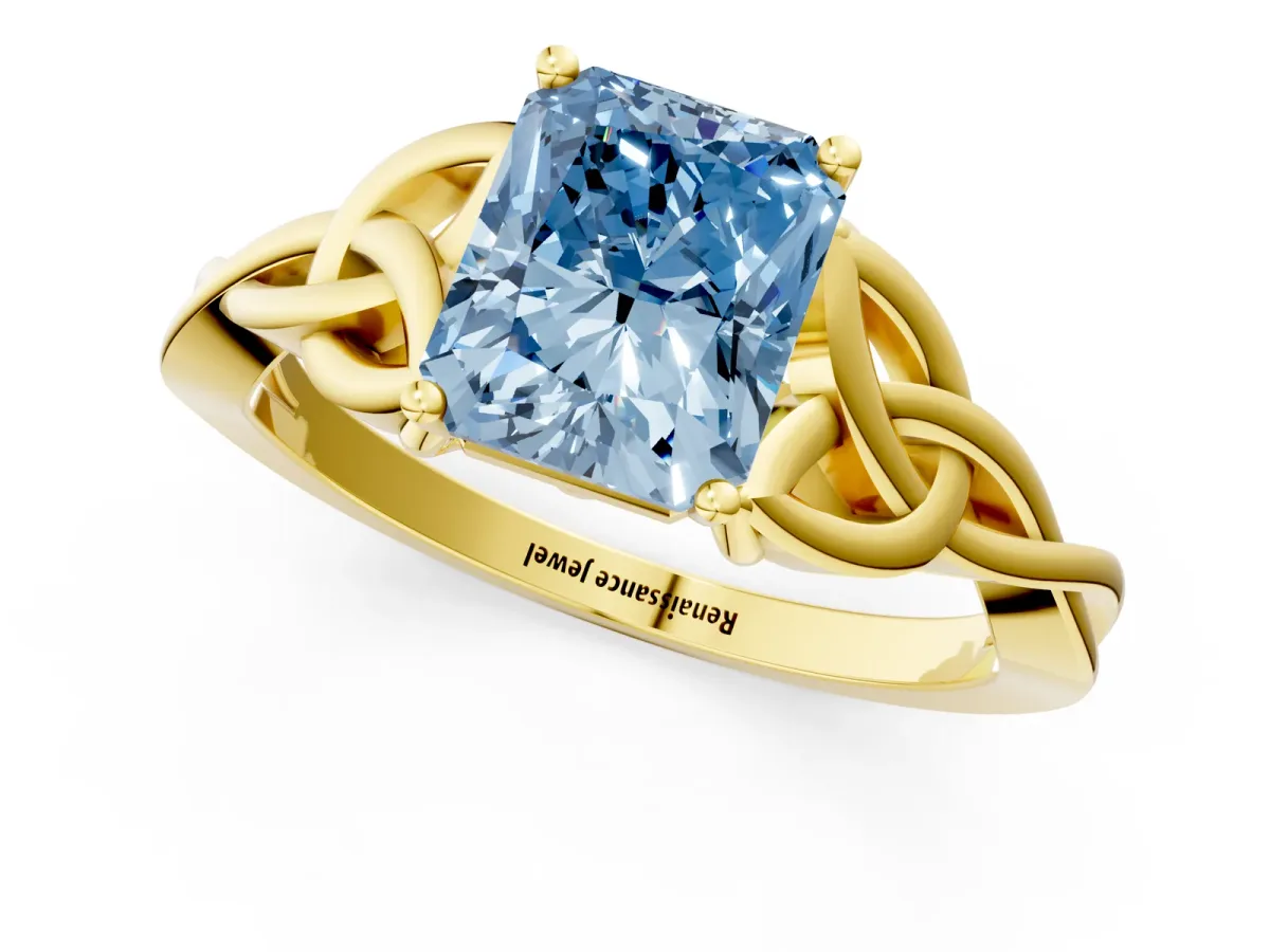 Fancy Blue Radiant Cut Diamond Solitaire Engagement Ring with Celtic Knot Band and Four-Prong Setting Yellow gold